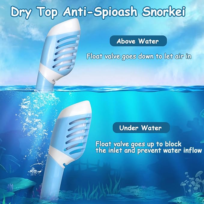 Vvinca Snorkeling Gear for Kids Dry Top Kids Snorkel Set for Boys Girls Junior Youth Children Age 4-14 Swim Goggles with Nose Cover Anti-Fog Panoramic View Adjustable Elastic Diving Mask and Snorkel