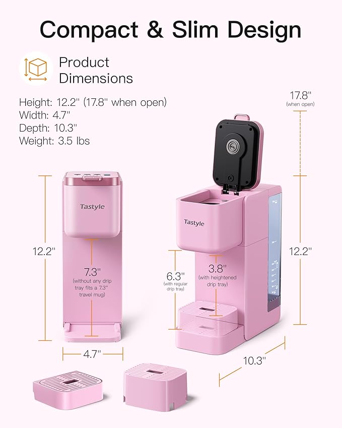 Single Serve Hot & Iced Coffee Maker with Strong Brew, 40oz Removable Reservoir, 6 Brew Sizes, Compatible with K Cup and Grounds, Compact for Home, Office, RV and Dorm, Pink (2.0 Version)