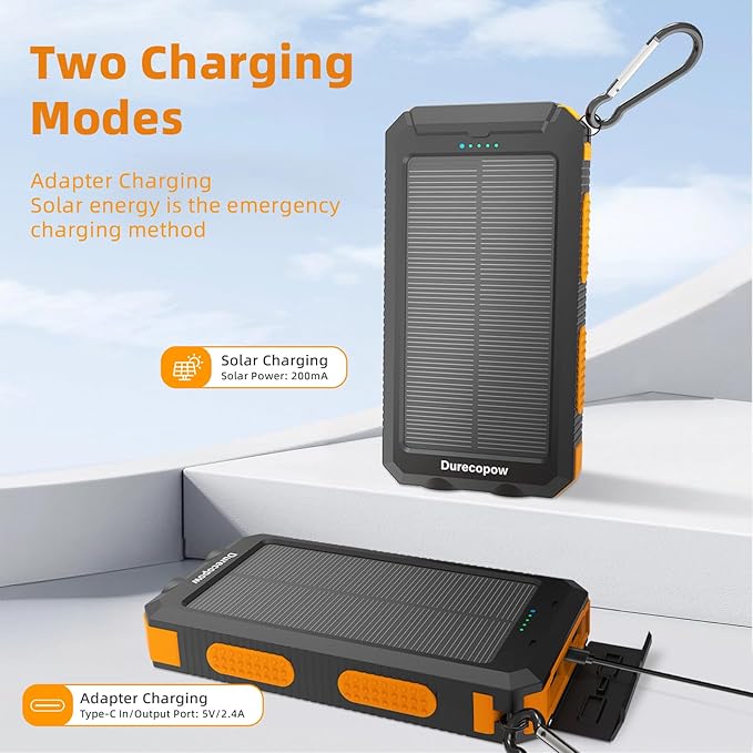 Solar Charger Power Bank 20,000mAh, Portable Charger, 4 Cables 3 Ports Fast Charging External Battery Pack with USB C for Cell Phones, Solar Panel Charger with Dual Flashlight for Camping
