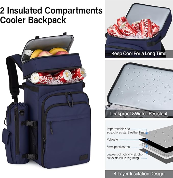 Backpack Cooler, 40 Cans Soft Leak Proof Picnic Backpack, Hanke Portable 2 Insulated Compartments Cooler Backpack Water Resistant for Lunch Beach Travel Camping Picnic Hiking (Blue)