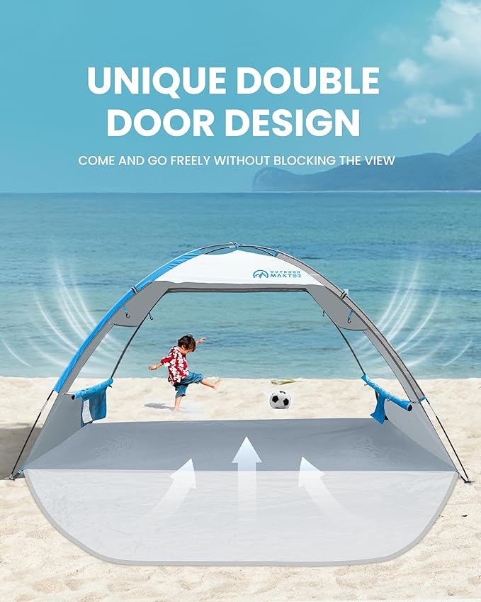 OutdoorMaster Beach Tent Sun Shelter with 2 Ventilated Doors, UPF50+ Easy Setup Beach Tent Canopy for 3 Person, Lightweight & Portable Family Beach Umbrellas for Sand with Carrying Bag -Ocracoke Coast