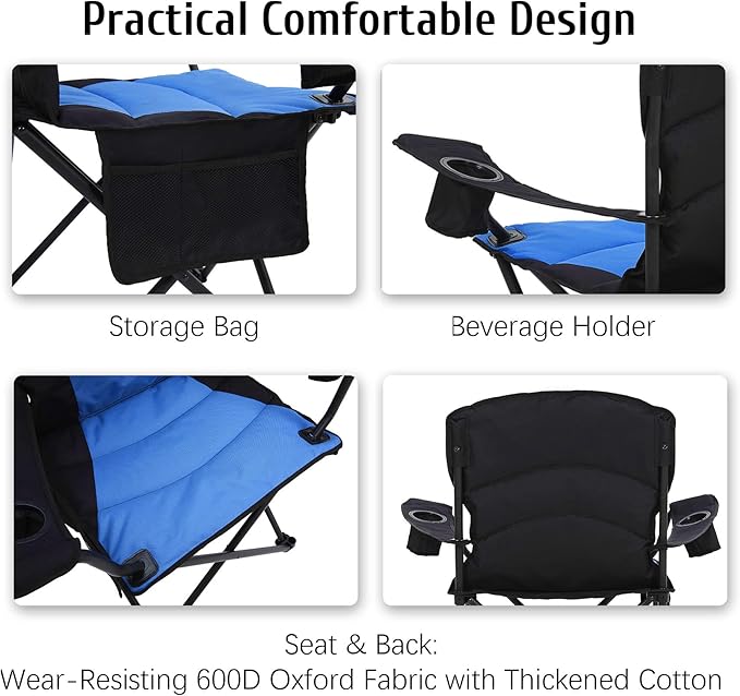 Oversized Camping Chair Folding Heavy Duty Quad Outdoor Large Lawn Chairs Portable Support 400 lbs Padded Thicken Oxford with Armrests, Storage Bag, Cup Holder, Carry Bag for Outside(Blue)