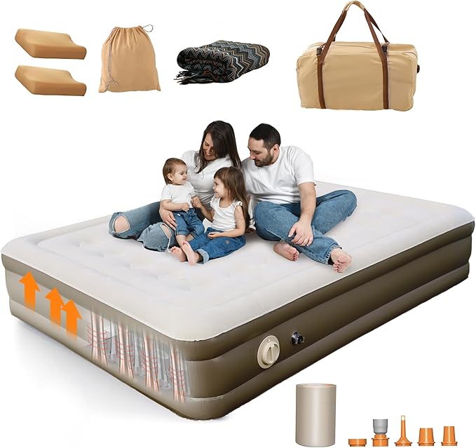 Luxury Air Mattress Set Queen air Bed with Built-in Rechargeable Detachable Pump, 661 lbs Strong Support Wireless Inflatable Mattress, Luxury Double Airbed Adjustable Blow Up Mattress