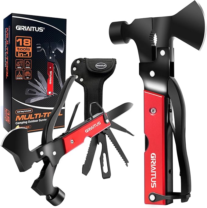 Multitool Camping Accessories Survival Gear, 18 in 1 Camping Kit with Axe Hammer Saw Screwdrivers Pliers Bottle Opener, Knife, Unique Birthday Gifts for Men Dad