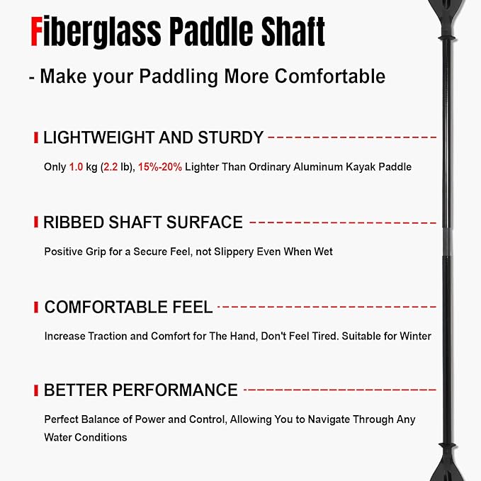 Kayak Paddles with Fiberglass Shaft and Reinforced PP Blade, Floating Adjustable Kayaking Oars, 3 Piece, 220-240 cm/86-94 Inches, 240-260 cm/94-102 Inches