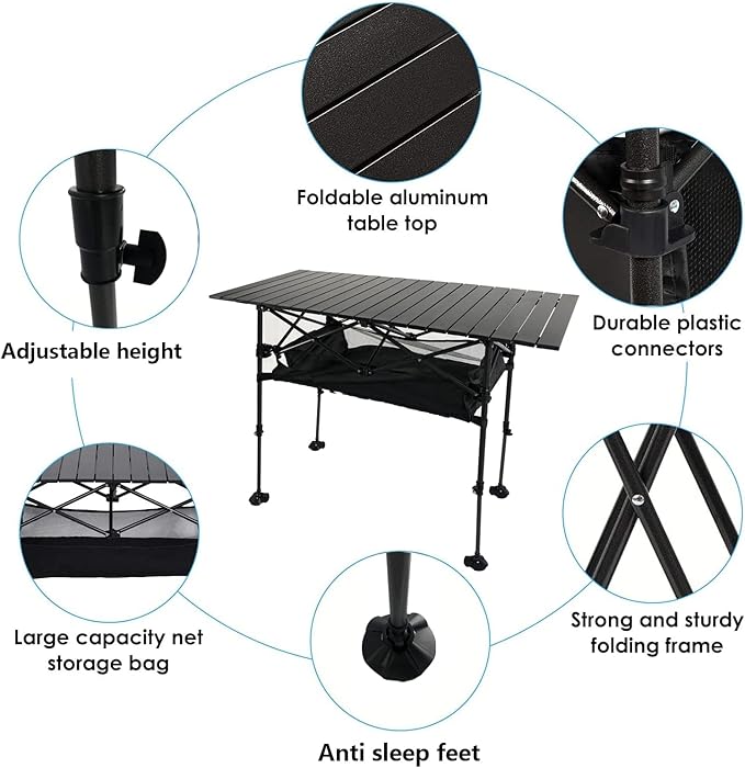 LEADALLWAY Adjustable Height Aluminum Camping Table Folding Portable Outdoor Table with Large Storage Organizer and Carrying Bags Big Foot Upgrade Collapsible Picnic Table 47(L) x22(W)
