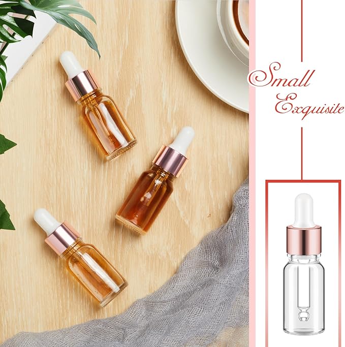 100 Pcs Mini Glass Oil Dropper Bottle Bulk, Clear Essential Small Empty Bottles Sample Containers Perfume Liquid Vials with Cap for Traveling (10 ml,Rose Gold)
