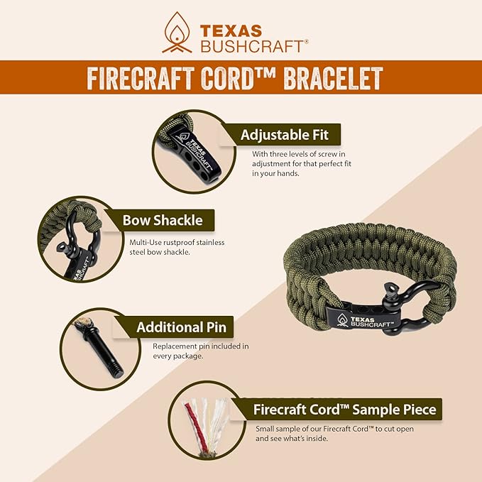 Texas Bushcraft Fire Starter Survival Kit - Ferro Rod Flint Fire Steel, Striker Tool | Cowhide Leather Tinder Bag | Emergency Paracord Bracelet Camping Gear