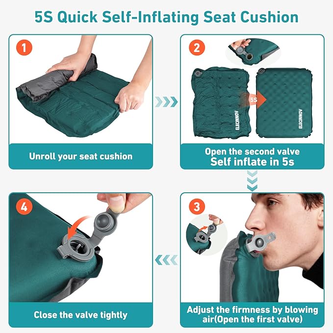 Inflatable Seat Cushion, Self Inflating Memory Foam Stadium Seat Cushion Lightweight Camping Chair Pad Airplane Cushion for Long Flights Outdoor Travel Bleacher Office Car Backpacking (Blue)