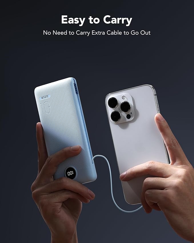 VRURC Portable Charger with Wall Plug and Cables, 10000mAh Power Bank with 22.5W Fast Charging USB Port,4 Outputs Dual Inputs Slim Compact Rechargeable Battery Pack Travel Accessories-Blue(1 Pack)