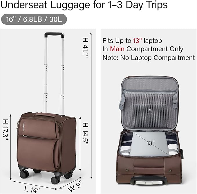 Hanke 16 Inch Underseat Carry On Luggage with Spinner Wheels for Airline, Small Softside TSA Approved Luggage Lightweight Rolling Suitcases Under Seat Travel Carry-On Bag(Coffee)