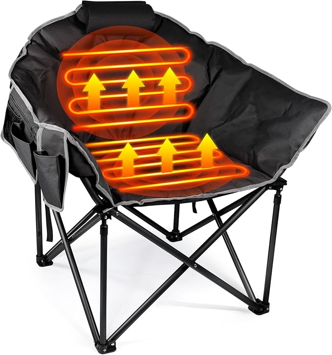 Suteck Oversized Heated Camping Chair - Fully Thicker Padded Heated Chairs for Outdoor Sports W/3 Heat Levels for Back & Seat, Heated Folding Chair for Adults with Carry Bag- Battery NOT Included