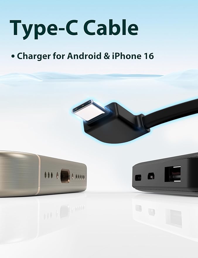 6000mah Ultra Slim Built in Cables Power Bank, Card Size Built in USB C Cords Battery Pack Portable Charger for Phones, 3 Output External Battery Pack Compatible with iPhone, Samsung, Deep Black