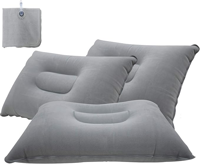 3 Pack Ultralight Inflatable Pillow Small Squared Flocked Fabric Air Pillow for Beach Hiking,Camping,Traveling,Napping,Desk Rest,Neck &Lumbar Support(Grey)