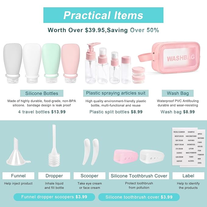 18 Pcs Travel Bottles for Toiletries Gym TSA Approved, Leak Proof with Bandage Silicone Squeezable 3oz for Toner Shampoo Conditioner Lotion Body Wash with Toothbrush Cover Tag and Wash Bag