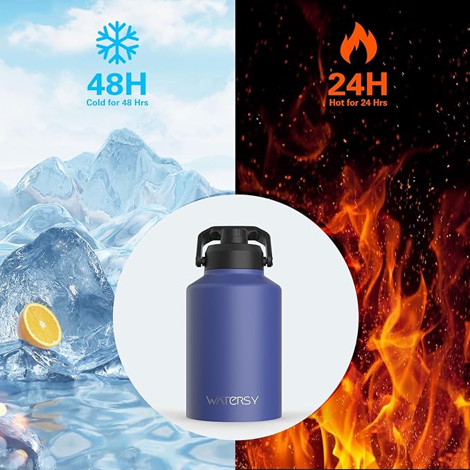 WATERSY 1 Gallon Water Bottle Insulated(Cold for 48 Hrs),BPA Free&Leak Proof,128oz Stainless Steel Water Jug,Big thermo,Large Water Bottle with Handle for Gym,Hiking,Camping&Travel,Deep Blue