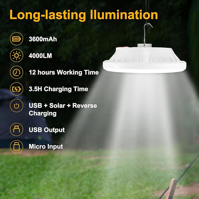 2-Pack Portable Rechargeable Camping Lights, Tent Lights LED Lantern Power Solar Battery Powered, 5 Lighting Modes, IP65 Waterproof Flashlight for Hiking/Emergency/Night