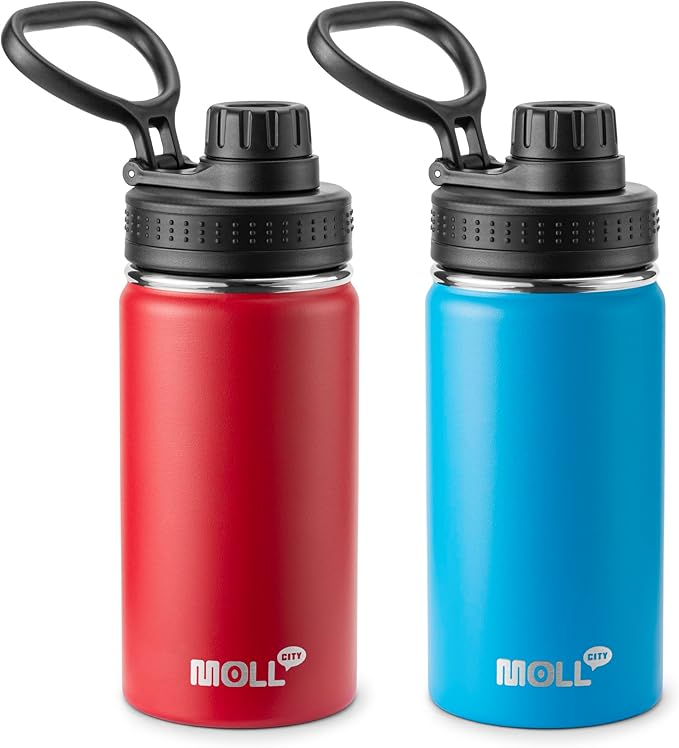 12 oz Water Bottle Stainless Steel Vacuum Insulated Wide Mouth Sports Flask, 2 Pack Water Bottle with Leakproof Spout Lid (Canyon Red-Sky Blue)