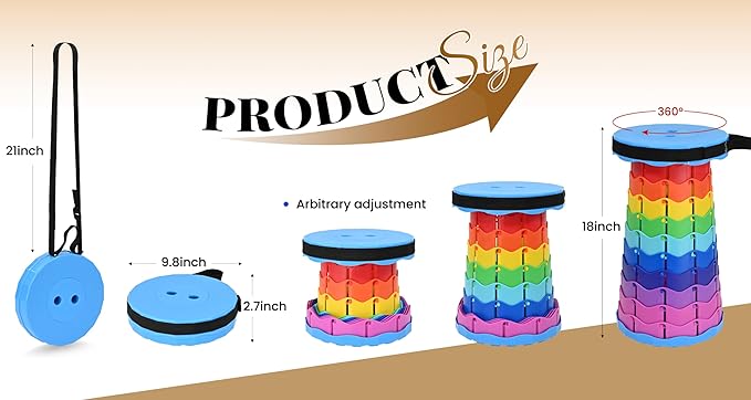 2 Pack Upgraded Collapsible Stool Folding Stool with Cushion,Retractable Folding Stool Max Load Capacity 400lbs, Portable Telescoping Stools for Camping Hiking Outdoor BBQ Fishing-Rainbow