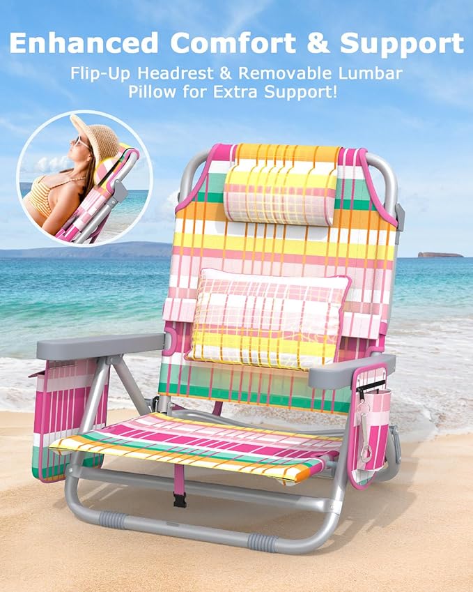 ZENPETIO Beach Chair, Camping Chair for Adults, Reclining Backpack Chair for Pool, Beach, Camping, Outdoors
