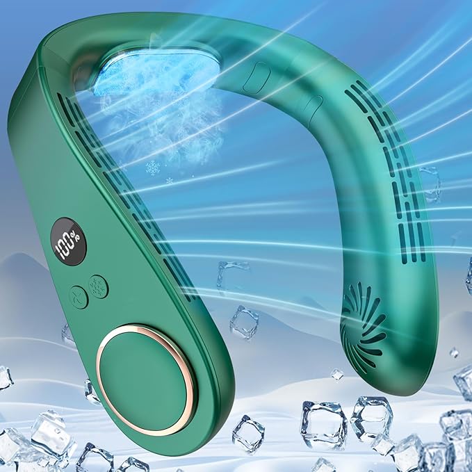 Portable Neck Fan Rechargeable,Neck Air Conditioning Wearable Cooling Device,Wear AC Air Conditioner Flexible Adjustable Angle,5 Speeds No Blade Headphone Design Breezy Hands Free Head Cooler Green