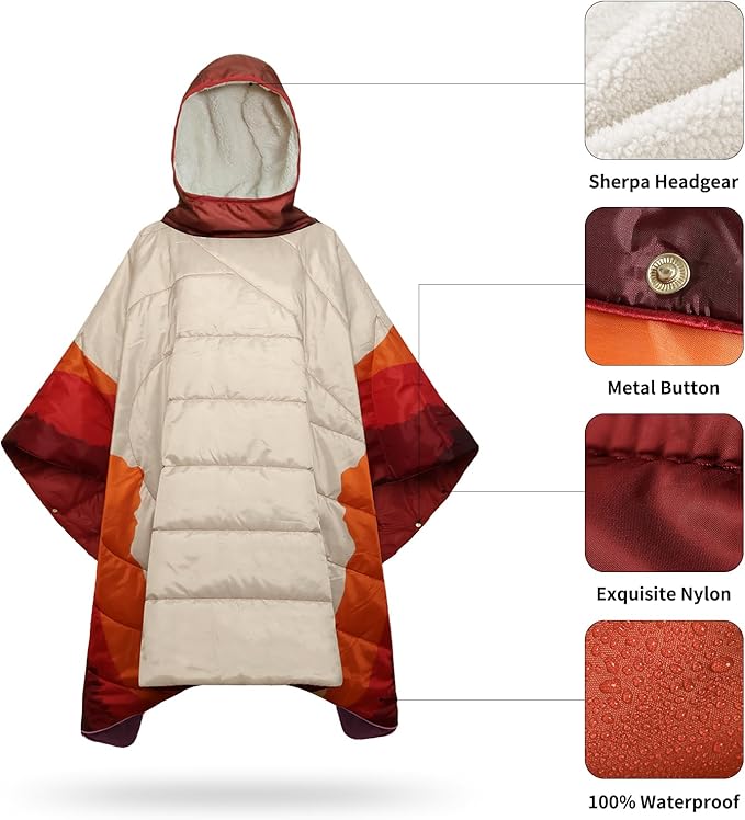 Camping Blanket, Poncho Wearable Hoodie Blankets Outdoor Waterproof Windproof