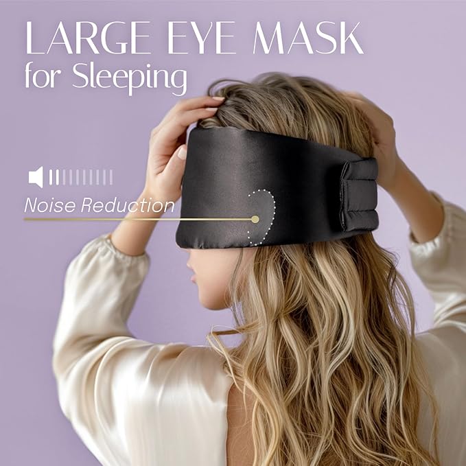 Silk Sleep Mask Soft Pressureless: 100% Mulberry Silk for Eye Skin Anti Wrinkles, Large Size for Total Blackout, Adjustable Wide Velcro Ear Cover