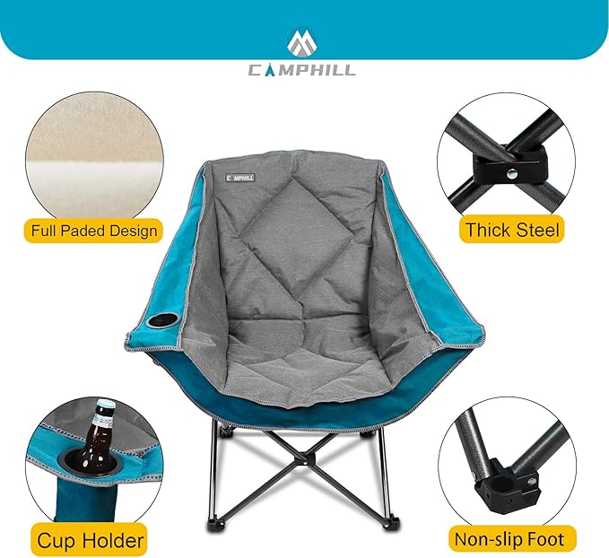 Folding Camping Chair,Oversized Portable Camping Chair with Cup Holder,Heavy Duty Padded Lawn Chair for Camping,Tailgates,Beach,and Sports,Lake Blue