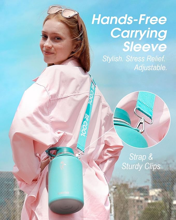 Coolflask Insulated Water Bottle 64 oz with Straw, Half Gallon Large Water Jug with Straw & Spout Lids, Vacuum Stainless Steel Metal Flask, Keep Cold 48h Hot 24h, Leak Proof & Non-BPA, Agate Green