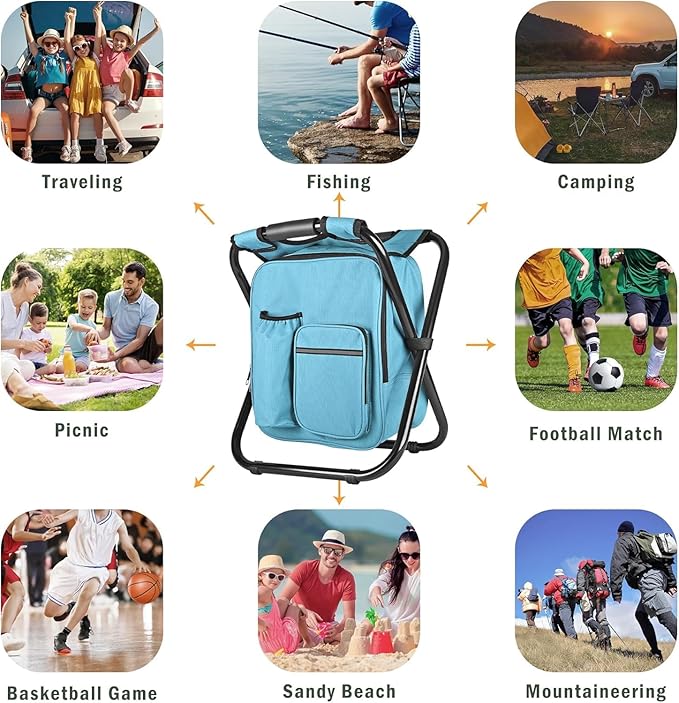 Kikerike Backpack Stool Cooler Chair Heavy Duty 400 LBS Max Load Portable Lightweight Folding Fishing Cooler for Camping Hunting Fishing - Sky Blue
