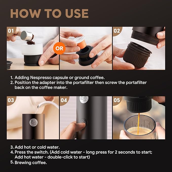 Portable Espresso Machine Mini 12V Rechargeable 3-in-1 Multi-Function Electric Coffee Machine One Key Extraction Compatible with NS & DG Capsules and Ground Coffee for Office Home (GREEN-NEW)