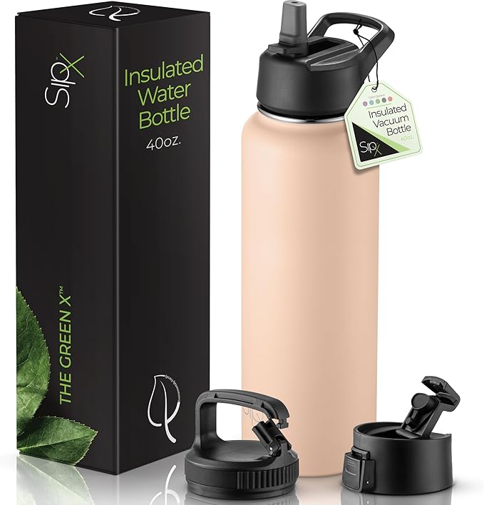 SipX™ Triple-Insulated Stainless Steel Water Bottle 40oz. With 3 Lids, BPA-Free Reusable Insulated Water Bottle Keeps Cold 24 Hours, Metal Water Bottle Made Of Sustainable Material For Hiking & Biking