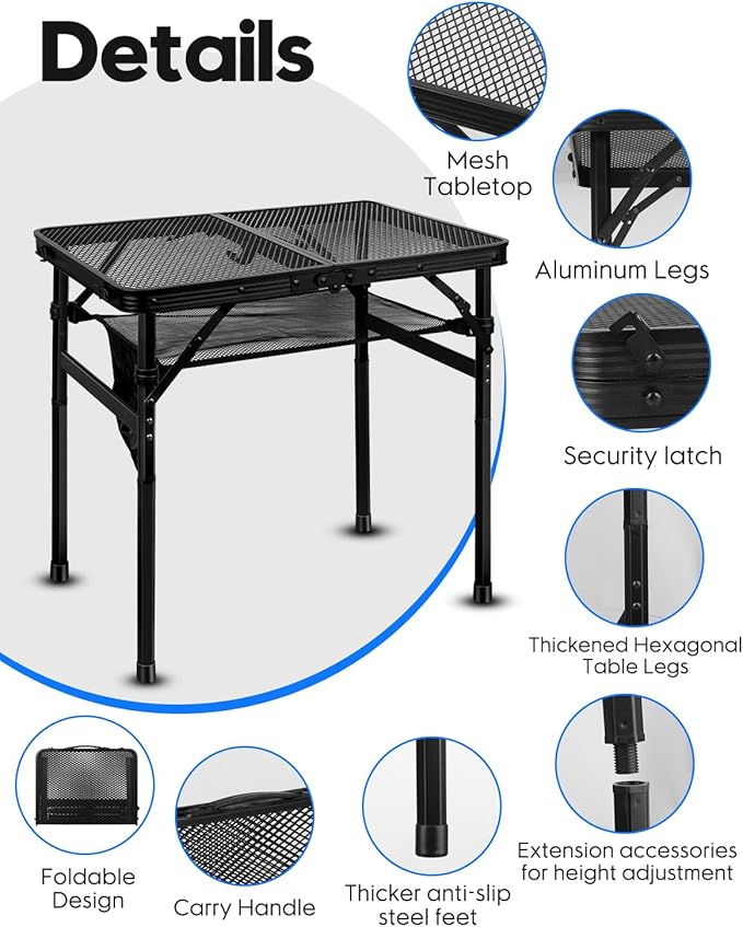 MSDADA Folding Grill Table, Height Adjustable Aluminum Table with Mesh Desktop and Mesh Bag, Portable Grill Table for Outdoor Camping, Picnic, Patio, Dining, BBQ, Party, Black, 23.6×15.7 inch