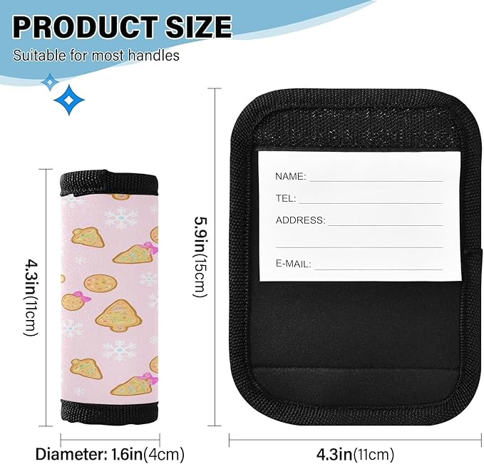 Christmas Cookies 4 Pack Neoprene Suitcase Wraps, Luggage Handle Wraps with ID Tag, Non-Slip Suitcase Handle Covers for Travel, Bag Strap Pad