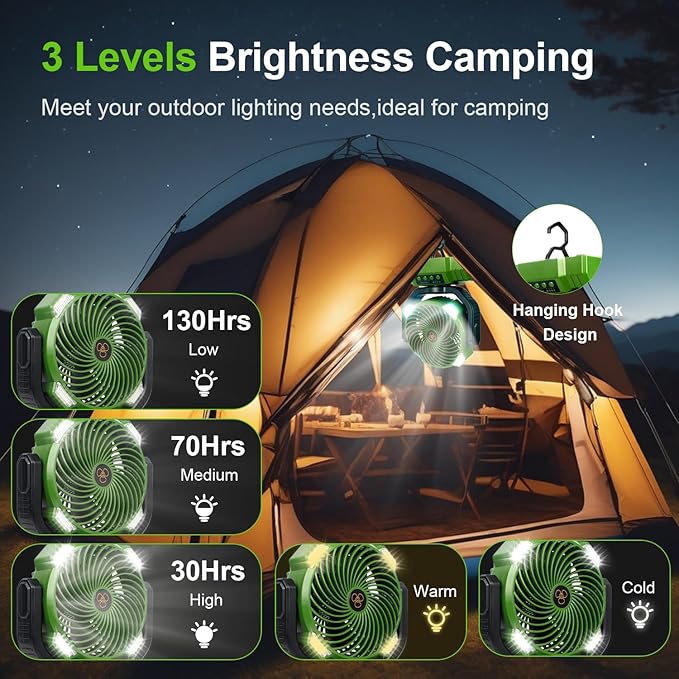 20000mAh Camping Fan with LED Lantern, 360° Oscillation, Remote Control, 4 Speed & Timer, Rechargeable Battery Powered Fan for Tent, Outdoor, Travel, Hurricane, Emergency, Power Outage (Green)