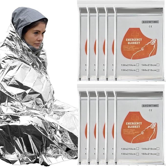10 Pack Emergency Mylar Thermal Blankets - 63"x83" Extra Large Survival Space Blankets, Heavy Duty Reflective Camping Gear for First Aid, Hiking & Outdoor Safety (Sliver-Sliver)
