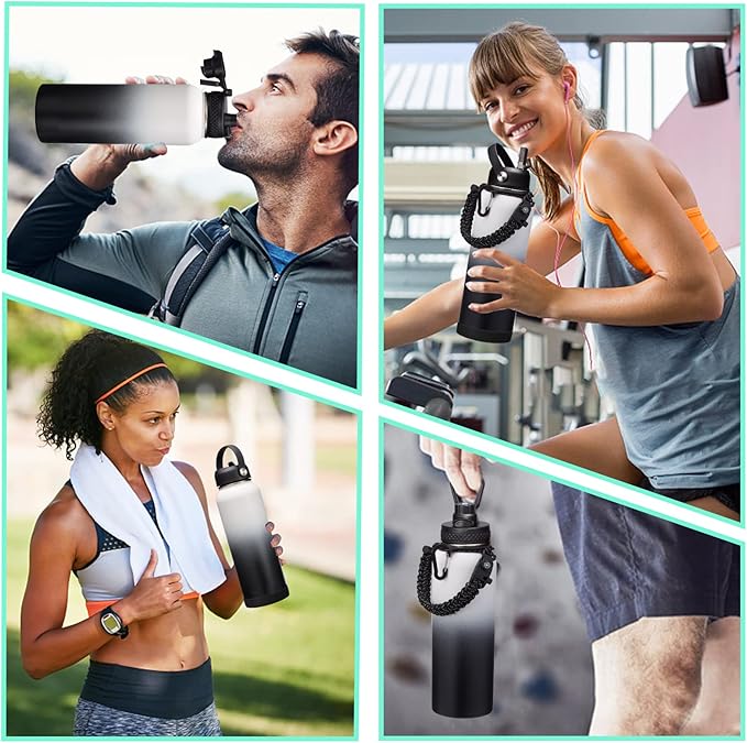 Stainless Steel Water Bottle 40oz with Straw & Auto Spout Lids, Paracord Handle, Insulated Water Flask Carrier Bag & Protective Boot, Thermo Bottle Mug Metal Canteen Keep Cold-48H & Hot-24H
