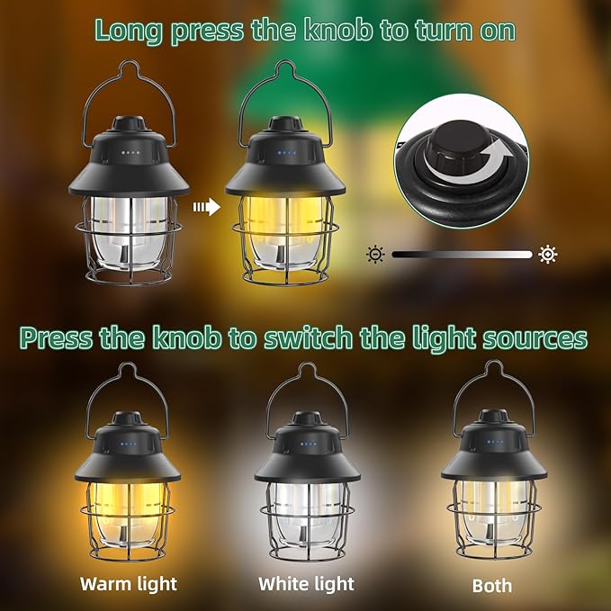 Rechargeable LED Camping Lantern, Mini Retro Portable Waterproof Lantern, 1000LM, 3 Light Modes (2700-6500K) Stepless Dimming Brightness, Hanging Tent Light for Camping, Power Outages