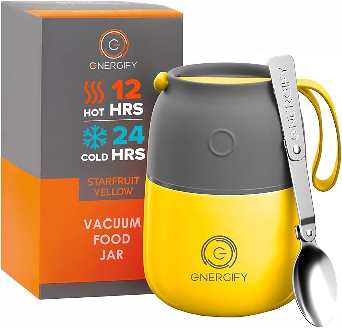 ENERGIFY Vacuum Insulated Food Jar. Large 12oz Bowl incl. Folding Spoon, Cup. Wide Mouth Keep Hot & Cold Drinks Soup Lunch Container for Adults. BPA-Free Stainless Steel, Leak Proof Yellow