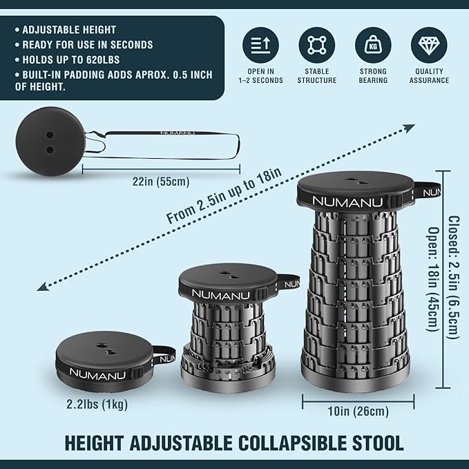 NUMANU 2026 Upgraded Padded Collapsible Stool, Max 620lbs 2.5"-18" H Adjustable Portable Folding Stool for Adults, Retractable Foldable Telescopic Seat Camping Chair or Footrest