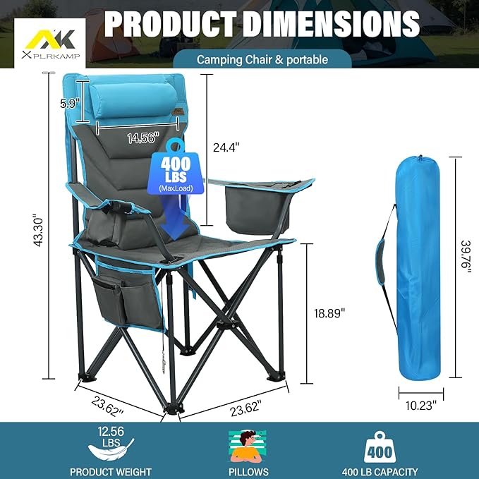 Oversized High-Back Camping Chairs with Pillow, Dual Cup Holders & Cooler Bag - Heavy Duty Foldable Outdoor Chair for Adults, Picnic, Fishing, Backyard, Sports（Bluegrey）