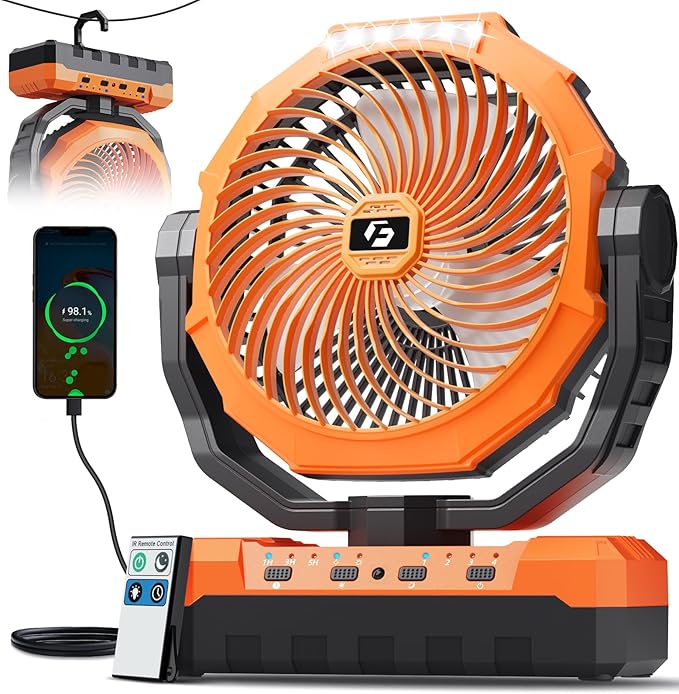FRIZCOL 3-in-1 Camping Fan - Portable Fans Rechargeable - 24000mAh Battery Powered Fan(140Hrs) with Light & Remote for Indoor, Outdoor, Tent, Travel, BBQ, Fishing, Jobsite - Orange