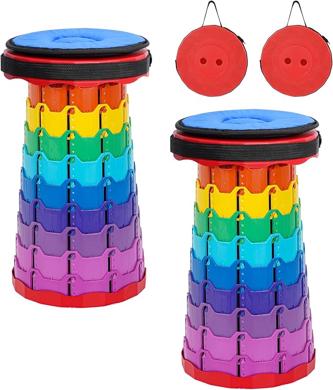 2 Pack Portable Telescoping Stools Collapsible Stool with Cushion,Retractable Foldingstool Max Load Capacity 400lbs, Portable Collapsible Stools for Camping Hiking Outdoor BBQ Rainbow-Red