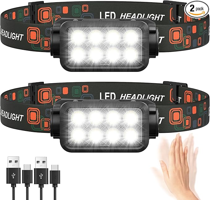 Rechargeable Headlamp Flashlight, 8 LED 2500LM Ultra-Light Bright Headlight with Motion Sensor, Waterproof Lightweight Head Lamp for Adult Kid, 2-Pack Headlamps for Outdoor Camping Running Fishing