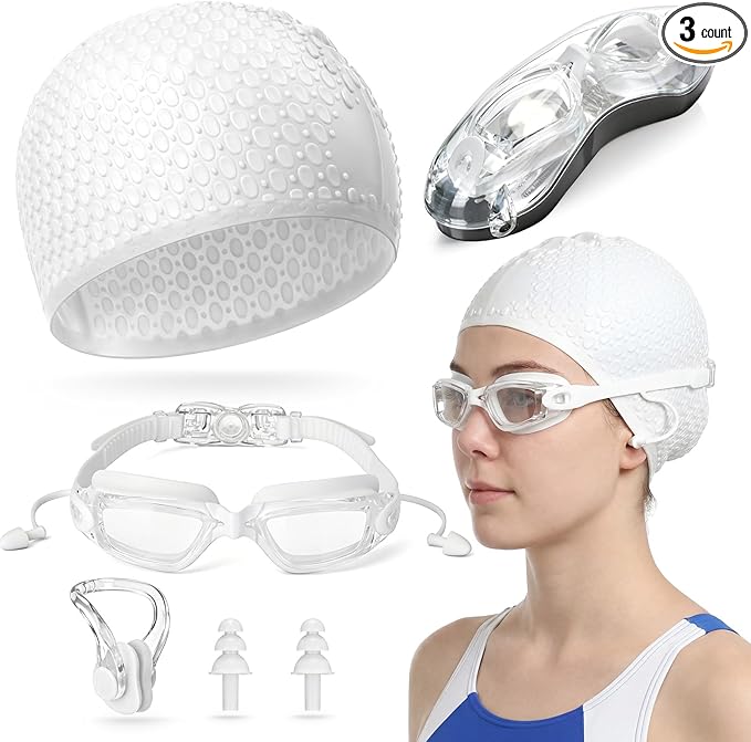 Tallew Swim Goggles Swimming Cap Set with Earplugs, Nose Clip and Case Silicone Swim Hat Waterproof Chlorine Resistant
