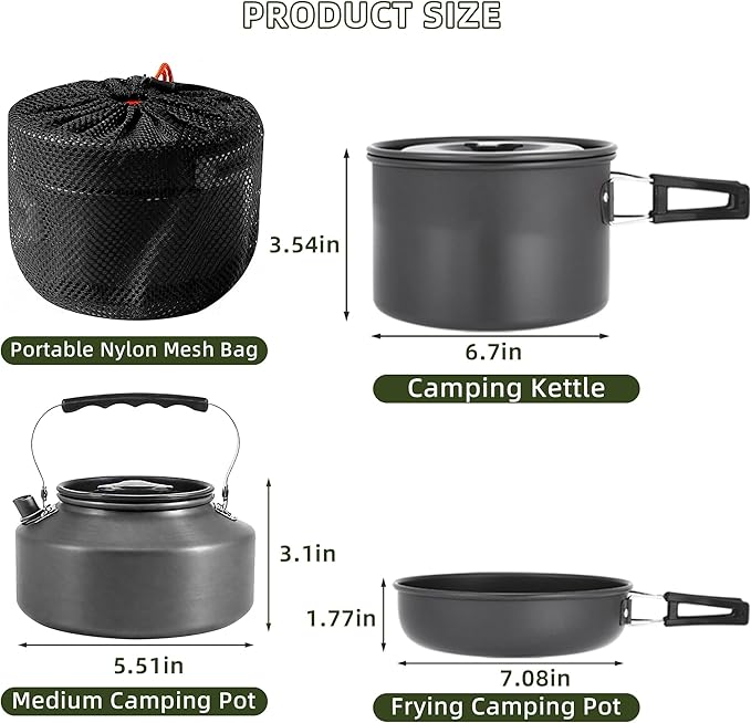 aiGear 3pcs Camping Cookware Mess Kit, Non-Stick Camping Pan Pot Kettle, Lightweight Aluminum, Collapsible Portable Camping Cooking Set for Outdoor Cooking Hiking Picnic