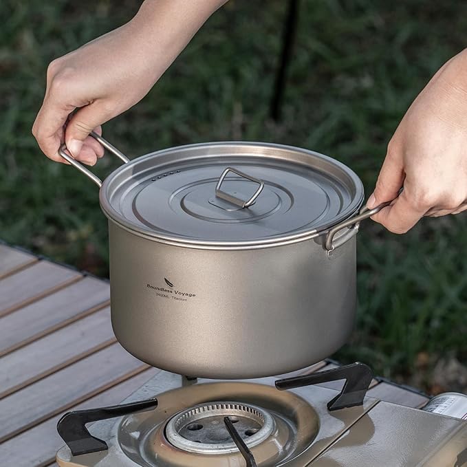 Boundless Voyage Titanium Pot Portable Camping Cookware Lightweight Cooking Pot Set for Outdoor Cooking Traveling Backpacking Hiking Trekking Picnic