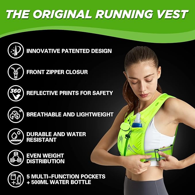 REVALI Zip Reflective Running Vests with Hydration Bottle, Adjustable Waistband & Breathable Material, Chest Pack Gear Phone Holder for Men & Women