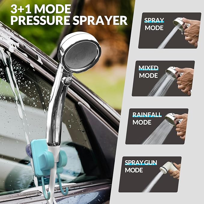 Portable Camping Shower, Pop Up Shower Privacy Tent Kit with LED Lights, 4500mAh Rechargeable Shower Pump, Filtered Shower Head & 7.4 Gallons Foldable Bucket, Outdoor Shower for Hiking Beach, Travel