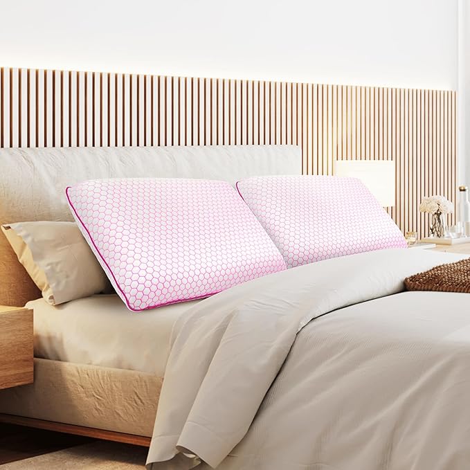 Memory Foam Pillows for Side, Back and Stomach Sleepers, Set of 2, Bed Pillow with Washable Cover and Breathable Mesh, Bed Pillow for Sleeping (Pink，King Size)